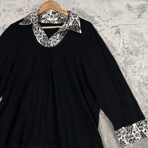 DRESSBARN Womens 2X Black Sweater Top Patterned Collar Cuffs Layered Retro Chic